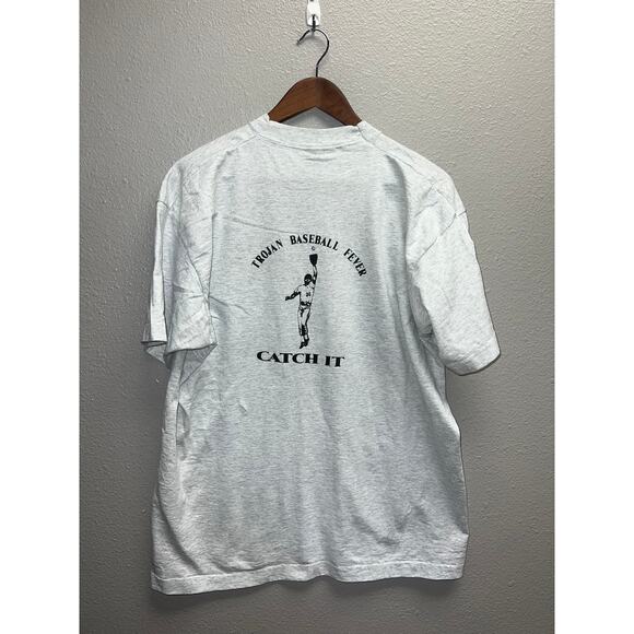 Vintage Baseball Shirt Trojan Baseball Fever Catch It Sports Graphic Gray Tee XL - Picture 1 of 8